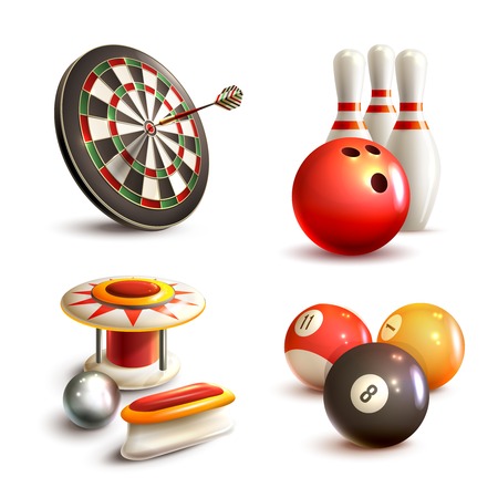 Game realistic icons set with bowling pinball billiard darts isolated vector illustrationのイラスト素材