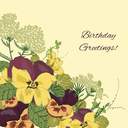 Vintage flowers birthday greetings postcard background with pansy petunia viola vector illustrationのイラスト素材