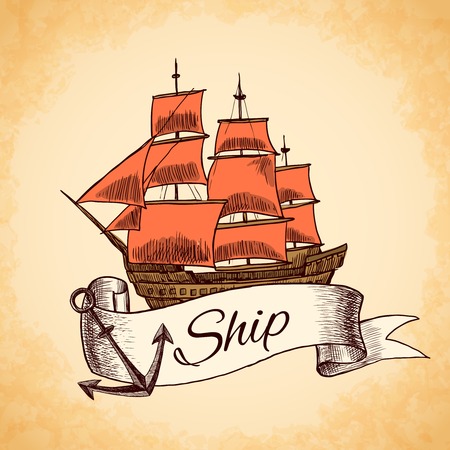 Sailing tall ship wooden vintage clipper with red sails nautical emblem with ribbon and rope vector illustrationのイラスト素材