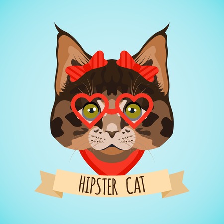 Hipster cat with glasses and bows portrait with ribbon poster vector illustrationのイラスト素材