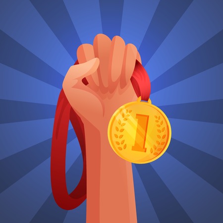 Hand holding winner victory golden medal commendation champion trophy vector illustrationのイラスト素材
