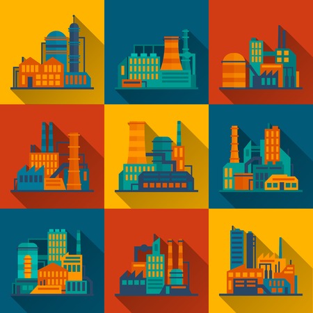 Industrial city construction power and electricity building flat long shadow icons set isolated vector illustrationのイラスト素材