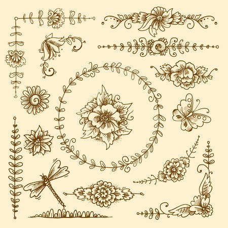 Vintage floral calligraphic decorative elements sketch set with flowers and butterflies isolated vector illustrationのイラスト素材