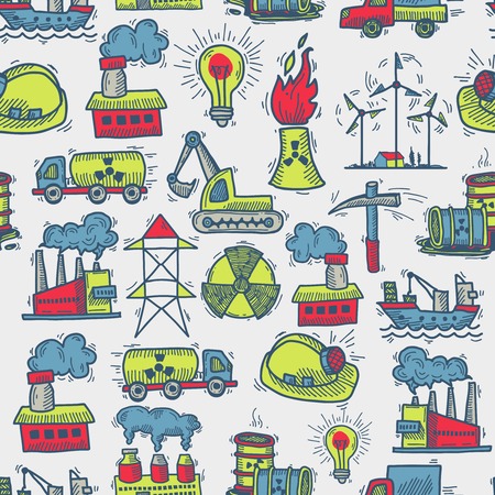 Industrial colored sketch seamless pattern with windmill power plant petrol truck vector illustrationのイラスト素材
