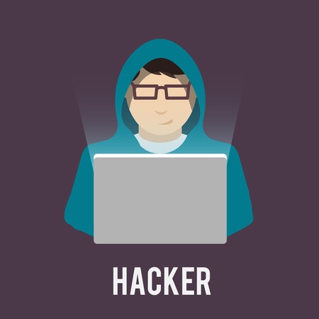 Hacker icon man in hoody with laptop flat isolated on dark background vector illustrationのイラスト素材