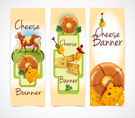 Natural cheese food assortment colored decorative vertical banners set isolated vector illustrationのイラスト素材
