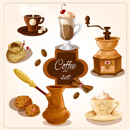 Coffee colored decorative icons set with sugar jar pot bean isolated vector illustrationのイラスト素材