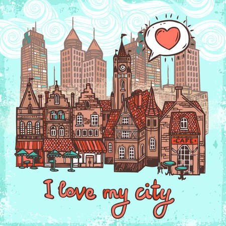Sketch city decorative background with old town and modern office buildings vector illustrationのイラスト素材