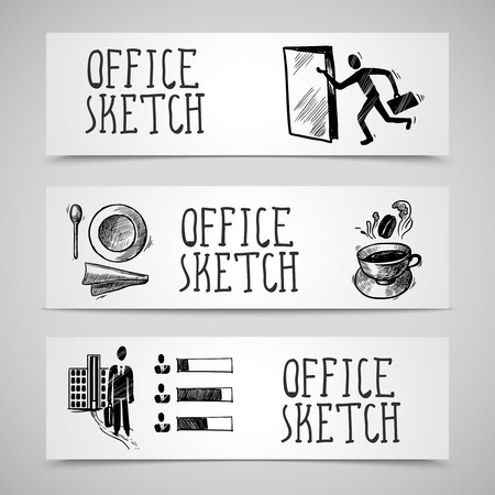 Office business sketch design concept horizontal banner set isolated vector illustrationのイラスト素材