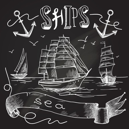 Ship chalkboard poster with sea birds anchors and sailing elements vector illustration.のイラスト素材