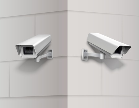 Surveillance camera home protection equipment secrecy inspection system on the wall vector...