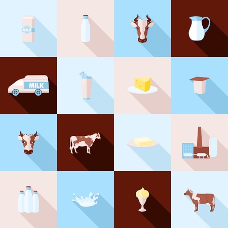 Milk dairy product flat long shadow icons set with processing splash sour cream isolated vector illustrationのイラスト素材