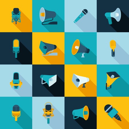 Microphone and megaphone loudspeaker musical and announcement devices flat icon set isolated vector illustrationのイラスト素材