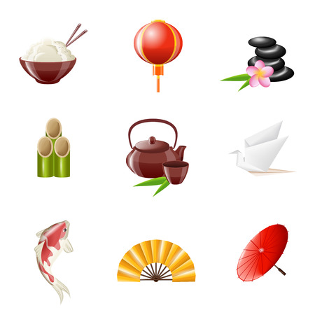 Japan icons realistic set with rice sky lantern stones isolated vector illustrationのイラスト素材
