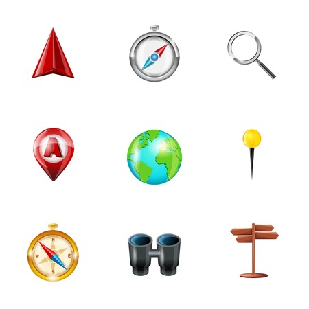 Mobile gps navigation and travel realistic icons set with geolocation routing mapping symbols isolated vector illustrationのイラスト素材