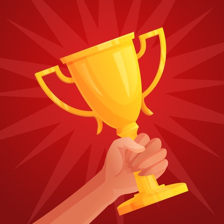 Human hand holding golden winner cup trophy competition success concept vector illustrationのイラスト素材