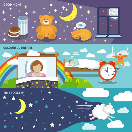 Sleep time banners set with good night colourful dreams isolated vector illustrationのイラスト素材