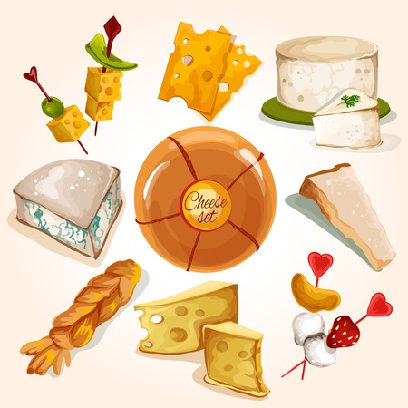 Whole cheese blocks and slices assortment food colored decorative icons set isolated vector illustrationのイラスト素材