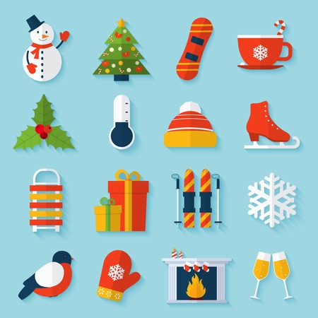 Winter stickers set with snowman christmas tree snowboard cup isolated vector illustration.のイラスト素材