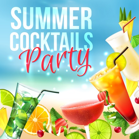 Cocktail party summer poster with alcohol drinks in glasses on blue background vector illustrationのイラスト素材