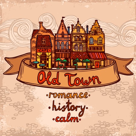 Sketch city decorative background with ribbon and old town romance history calm lettering vector illustrationのイラスト素材