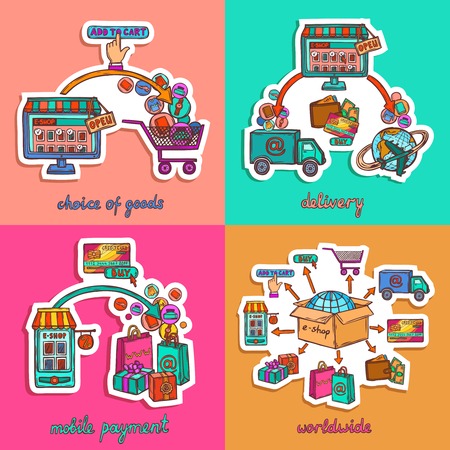 Online shopping illustration set with choice of goods delivery mobile payment worldwide isolated sketch vector illustrationのイラスト素材