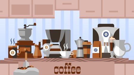 Coffee concept with decorative symbols on domestic home or cafe kitchen table vector illustrationのイラスト素材