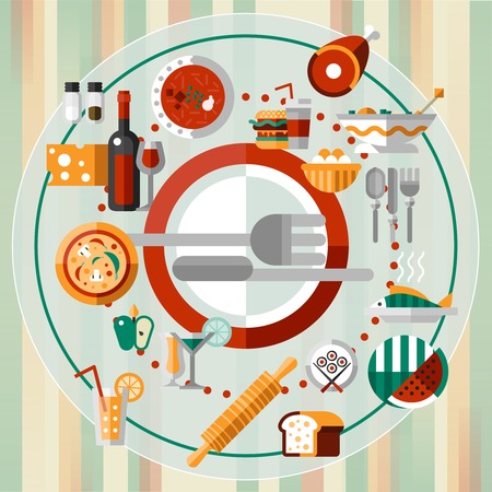 Food kitchen and cooking decorative icons set on plate with knife and fork vector illustrationのイラスト素材