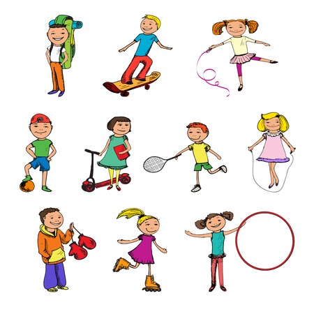 Children boys and girls with ball tennis racquet jumping rope sports colored sketch characters set isolated vector illustrationのイラスト素材