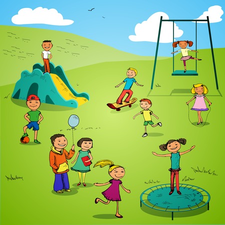 Children boys and girls sports colored sketch characters set on playground backdrop vector illustrationのイラスト素材