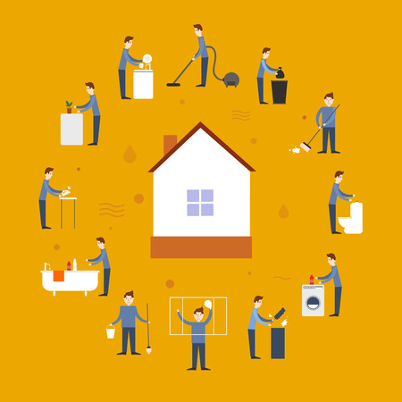 Cleaning people flat icons set with washing elements and house in the middle isolated vector illustrationのイラスト素材