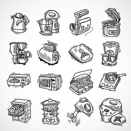 Kitchen equipment and appliances sketch decorative icons set with toaster coffee machine blender isolated vector illustrationのイラスト素材