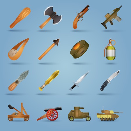 Weapon icons set with gun shotgun grenade tank stun isolated vector illustrationのイラスト素材