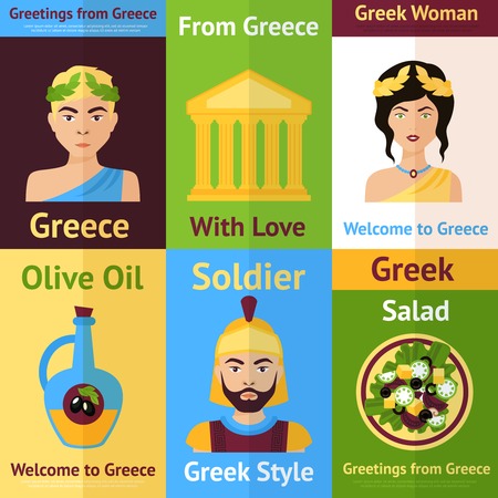 Greece mini poster set isolated with woman olive oil soldier salad vector illustrationのイラスト素材