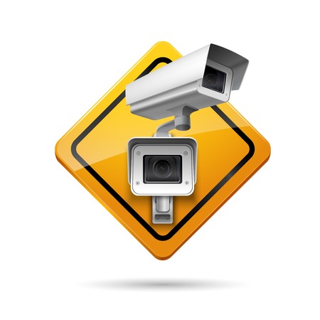 Video surveillance yellow sign with security camera  digital control vector illustrationのイラスト素材