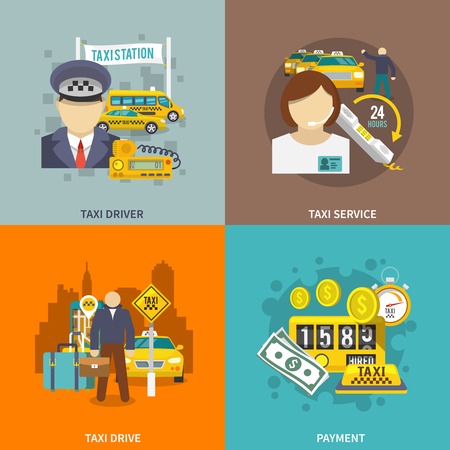 Taxi flat icons set with driver service drive payment isolated vector illustration.のイラスト素材