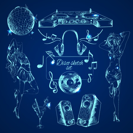 Disco party sketch decorative icons set with dancing girls cocktail speakers isolated vector illustrationのイラスト素材