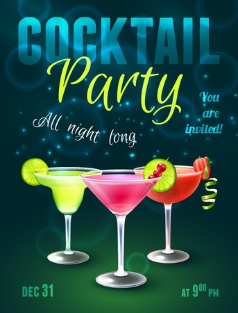 Cocktail party poster with alcohol beverages in glasses on dark blue background vector illustration.のイラスト素材