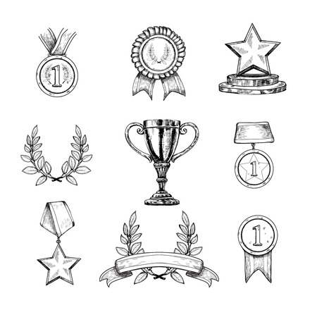Award decorative sketch icons set of trophy medal winner prize champion cup isolated vector illustrationのイラスト素材