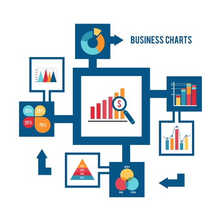 Business strategy and statistic charts graphs and diagrams flat decorative icons set vector illustrationのイラスト素材