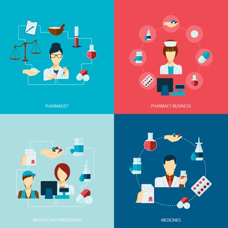 Pharmacist icons flat set with pharmacy business apothecary profession medicines isolated vector illustrationのイラスト素材