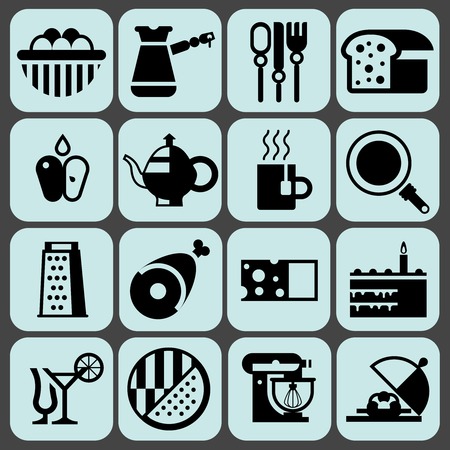 Cooking food black icons set with eggs turk cutlery bread isolated vector illustrationのイラスト素材