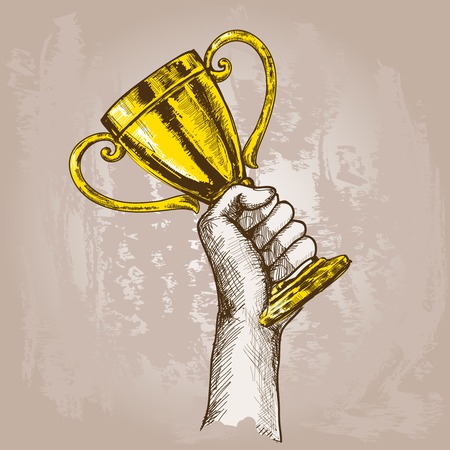 Human hand holding golden champion cup trophy sketch vector illustrationのイラスト素材