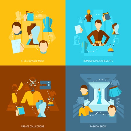 Clothes designer flat icons set with style development removing measurements create collections fashion show isolated vector illustrationのイラスト素材