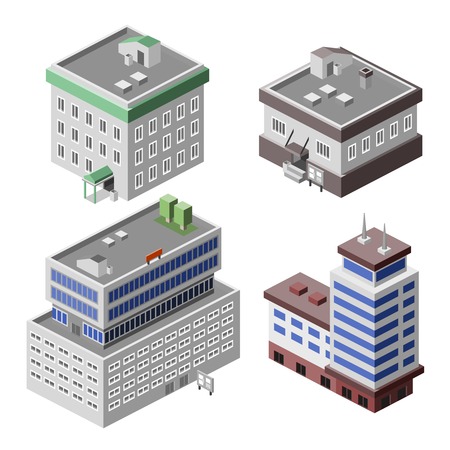 Business modern 3d urban office buildings decorative icons set isometric isolated vector illustrationのイラスト素材