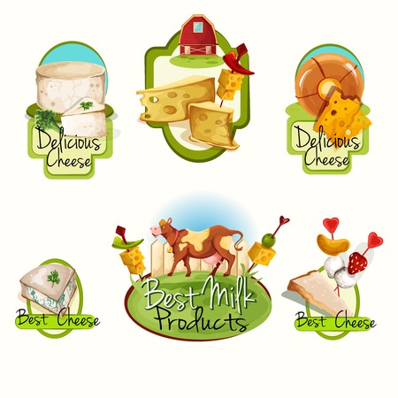 Natural delicious best milk products cheese food assortment colored decorative labels set isolated vector illustrationのイラスト素材
