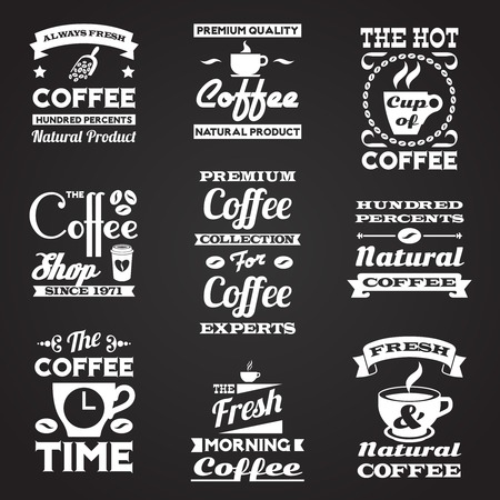 Coffee retro vintage black and white premium quality natural product smooth taste always fresh labels set isolated vector illustrationのイラスト素材