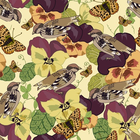 Vintage flowers seamless pattern with pansy petunia viola butterflies and sparrow birds vector illustrationのイラスト素材