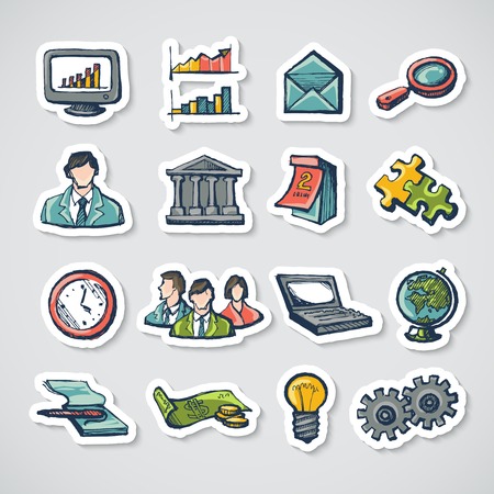 Business stickers set with charts globe computer puzzle isolated vector illustrationのイラスト素材