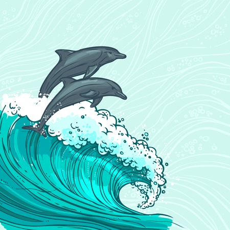 Waves flowing water sketch sea ocean and two dolphins colored background vector illustrationのイラスト素材
